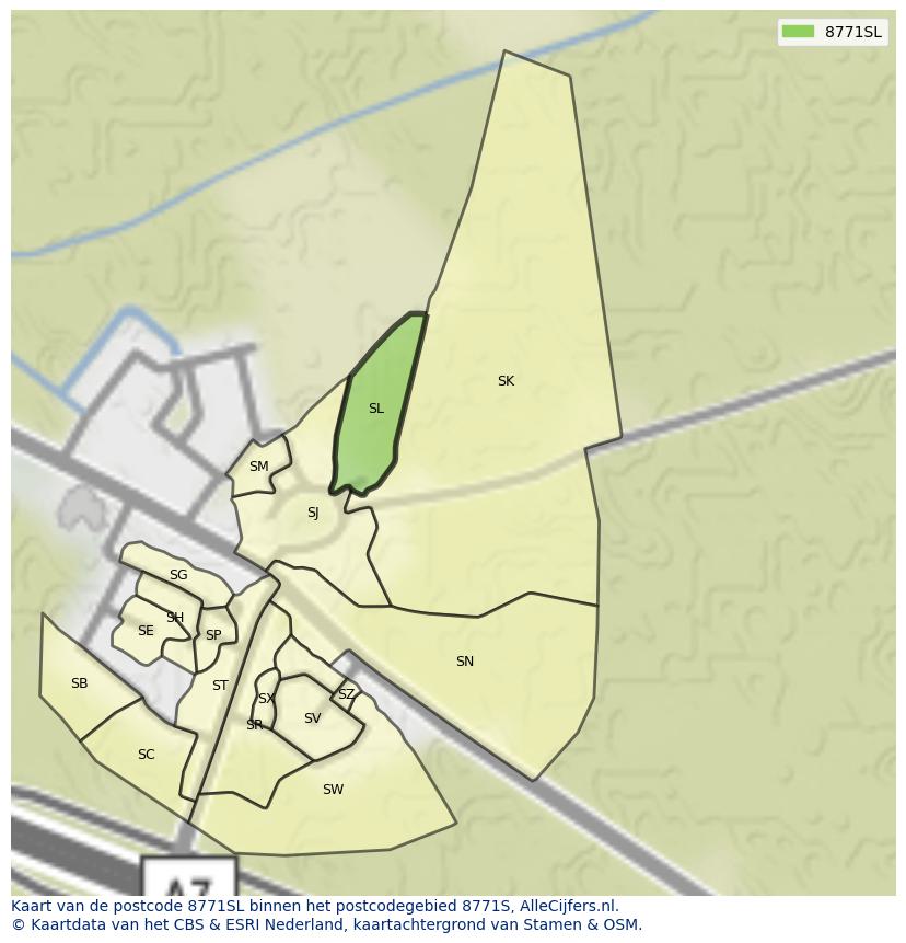 Afbeelding van het postcodegebied 8771 SL op de kaart.