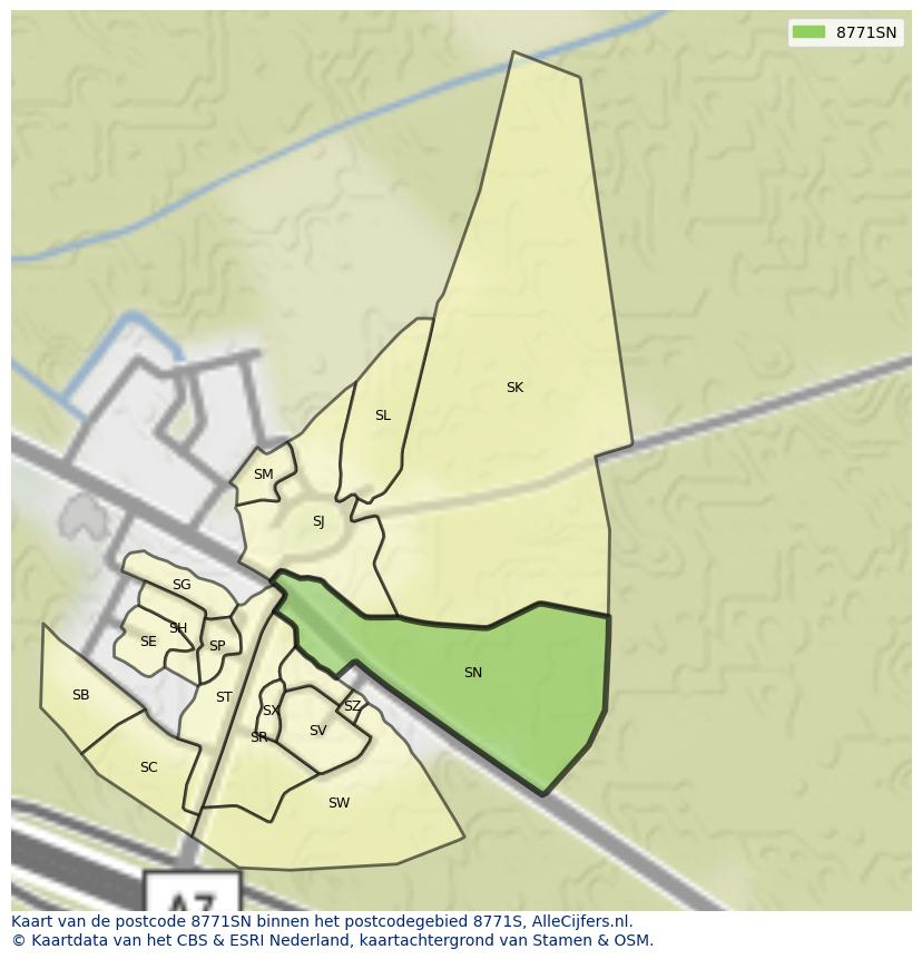 Afbeelding van het postcodegebied 8771 SN op de kaart.