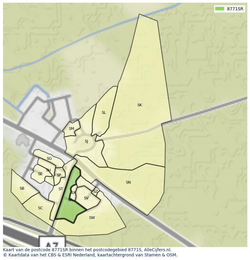 Afbeelding van het postcodegebied 8771 SR op de kaart.