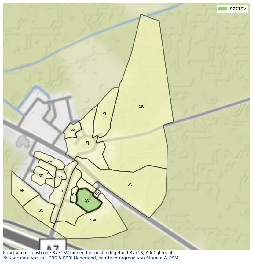 Afbeelding van het postcodegebied 8771 SV op de kaart.
