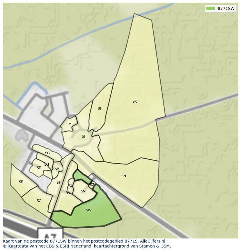 Afbeelding van het postcodegebied 8771 SW op de kaart.