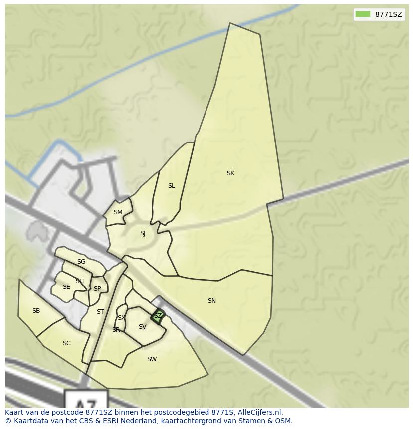 Afbeelding van het postcodegebied 8771 SZ op de kaart.