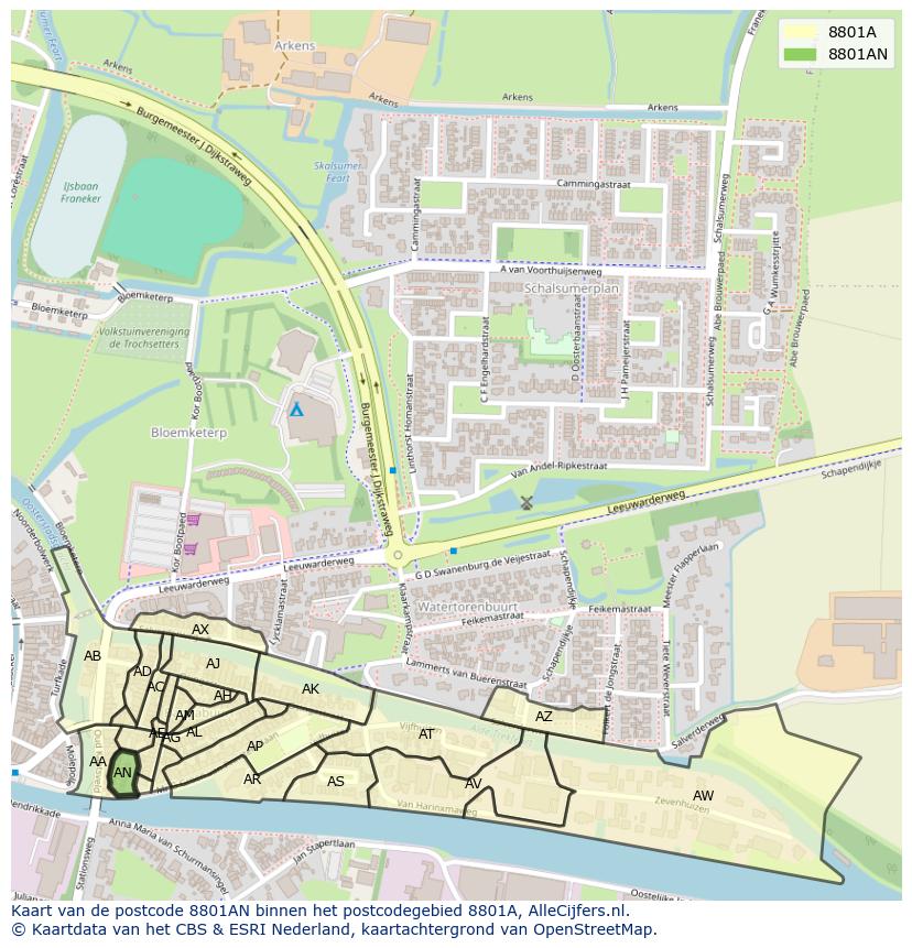 Afbeelding van het postcodegebied 8801 AN op de kaart.