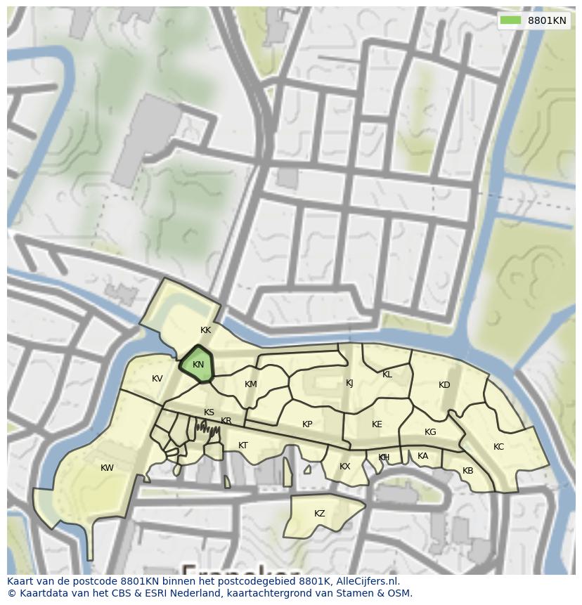 Afbeelding van het postcodegebied 8801 KN op de kaart.
