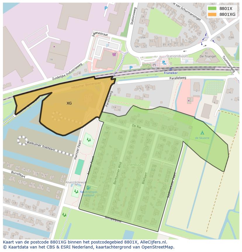 Afbeelding van het postcodegebied 8801 XG op de kaart.