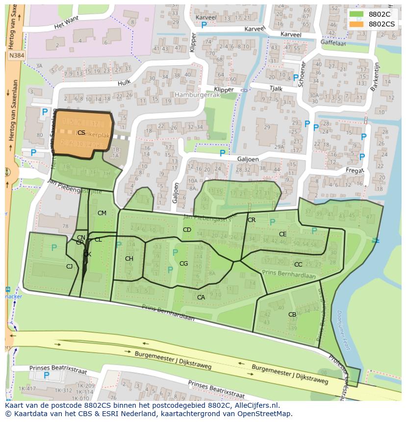 Afbeelding van het postcodegebied 8802 CS op de kaart.