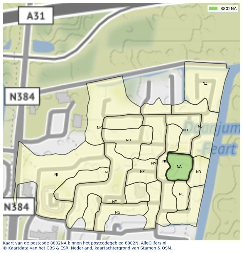 Afbeelding van het postcodegebied 8802 NA op de kaart.
