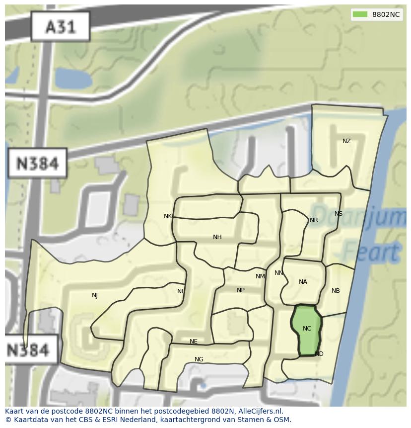 Afbeelding van het postcodegebied 8802 NC op de kaart.