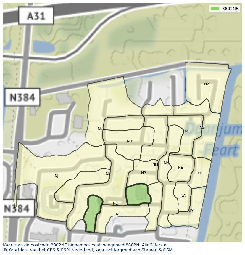 Afbeelding van het postcodegebied 8802 NE op de kaart.