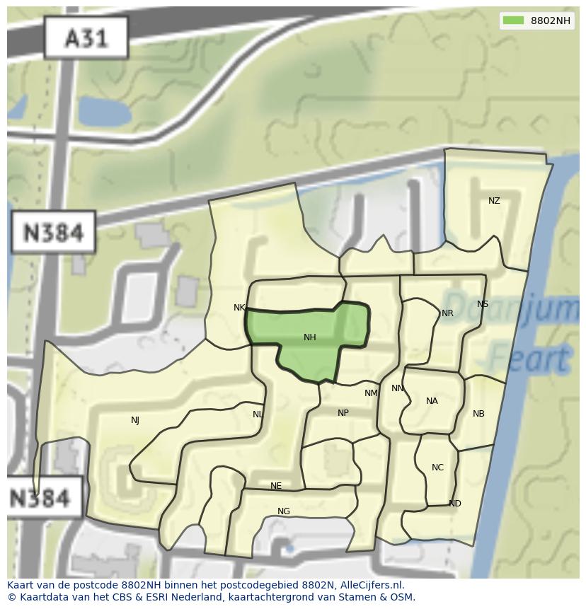 Afbeelding van het postcodegebied 8802 NH op de kaart.