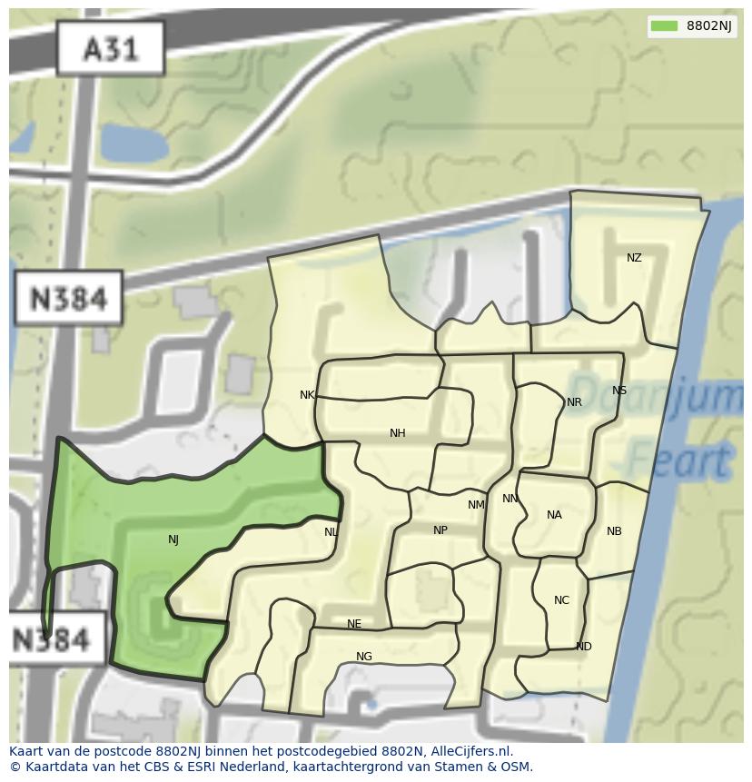 Afbeelding van het postcodegebied 8802 NJ op de kaart.