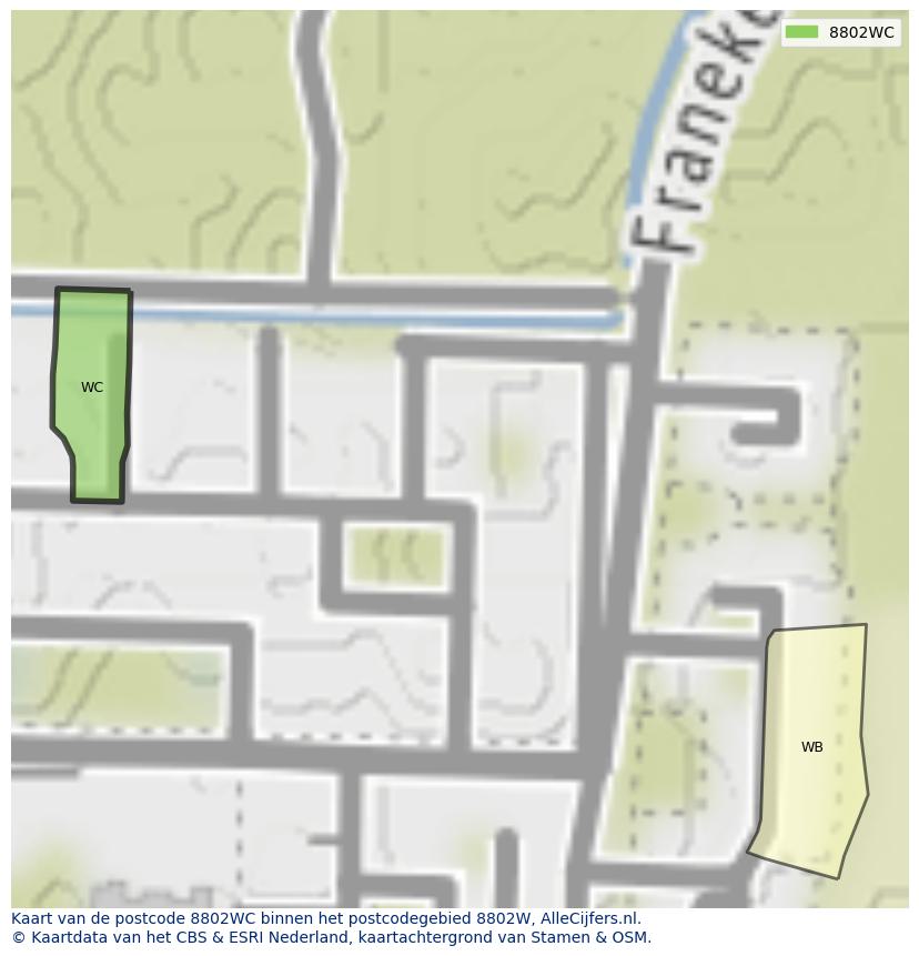 Afbeelding van het postcodegebied 8802 WC op de kaart.