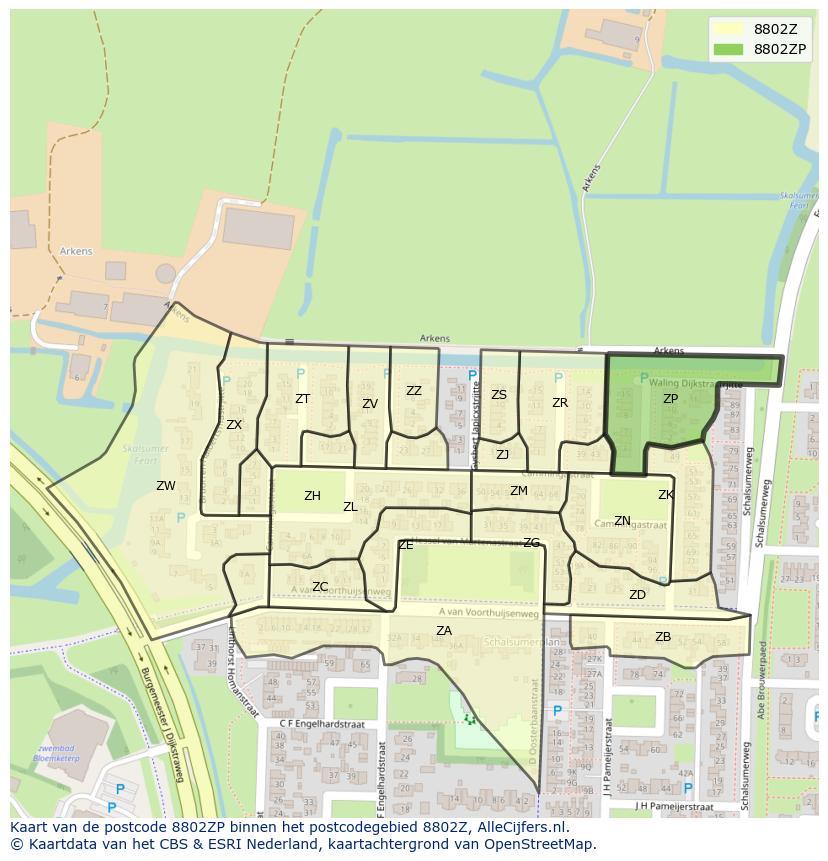 Afbeelding van het postcodegebied 8802 ZP op de kaart.