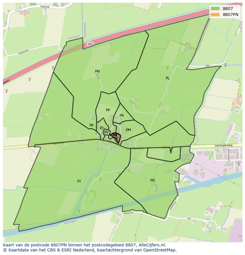 Afbeelding van het postcodegebied 8807 PN op de kaart.