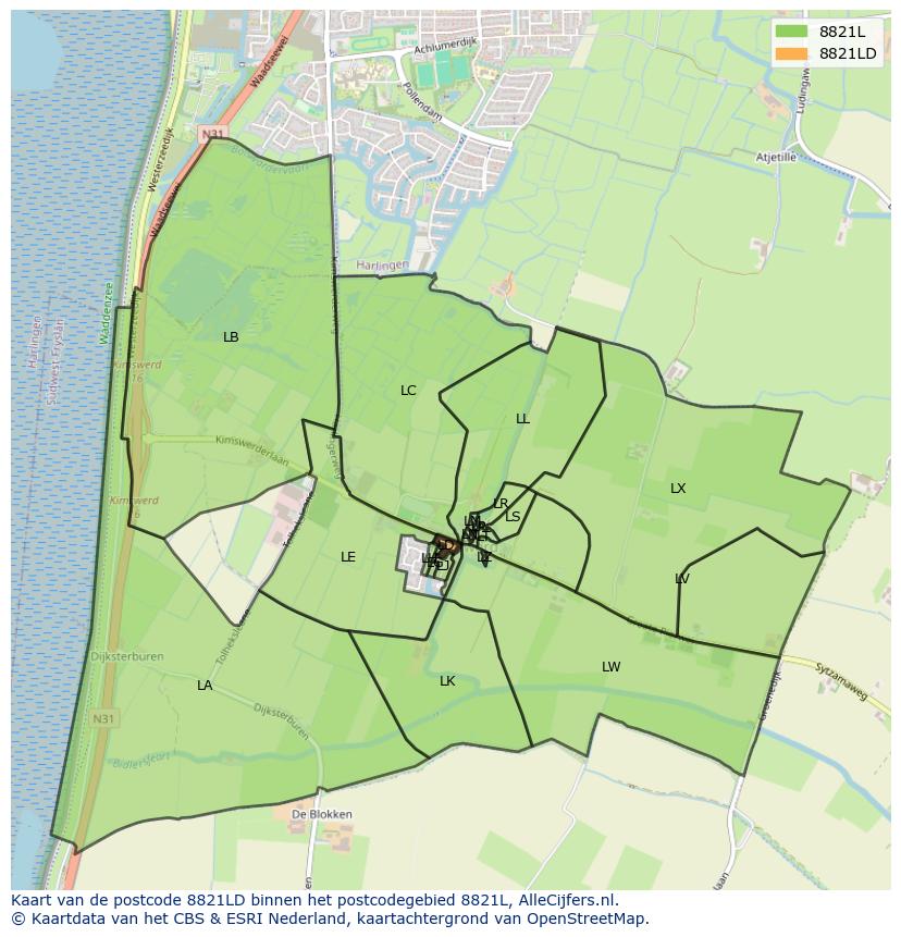 Afbeelding van het postcodegebied 8821 LD op de kaart.