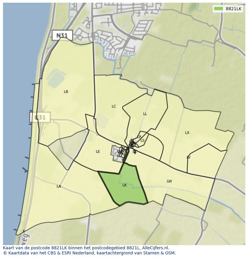 Afbeelding van het postcodegebied 8821 LK op de kaart.