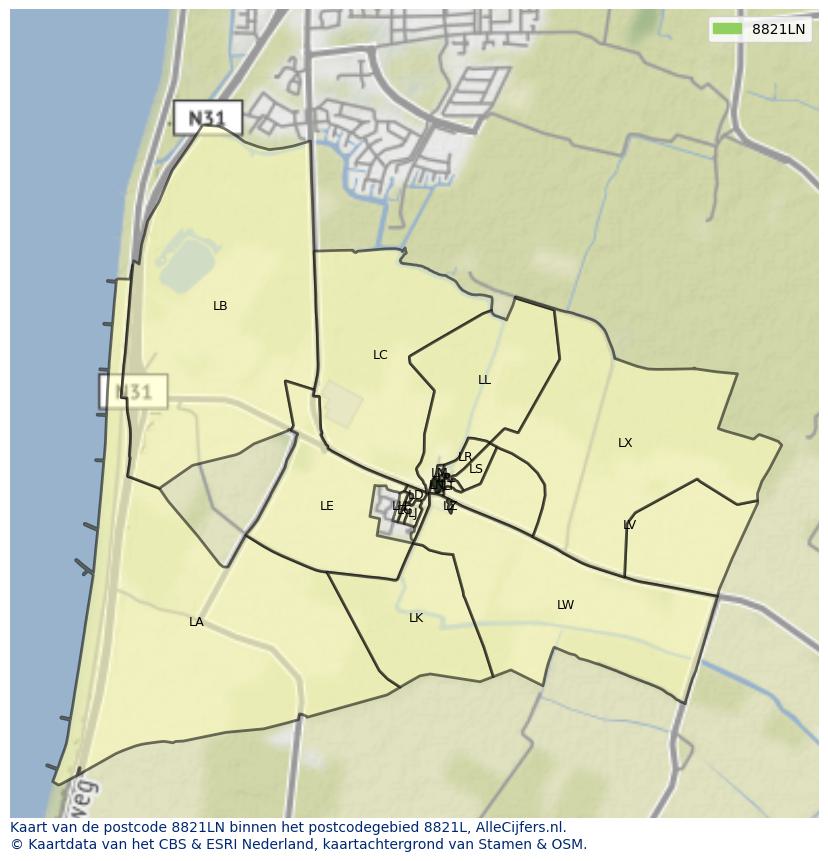 Afbeelding van het postcodegebied 8821 LN op de kaart.