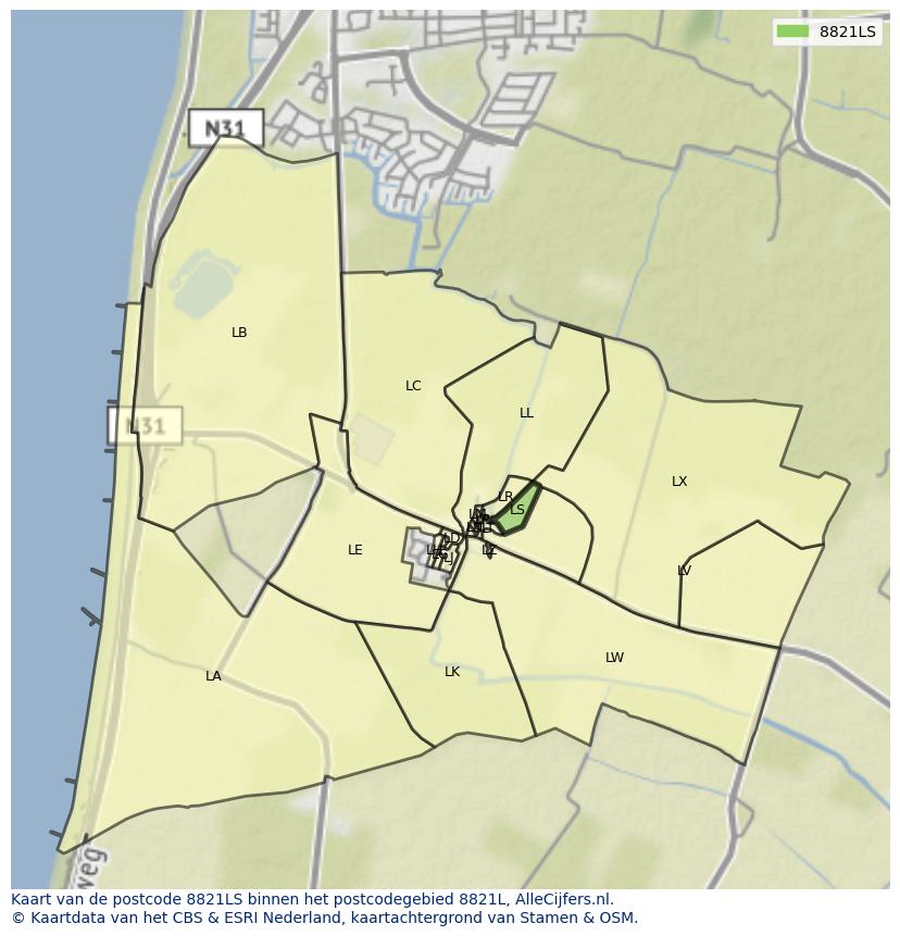 Afbeelding van het postcodegebied 8821 LS op de kaart.