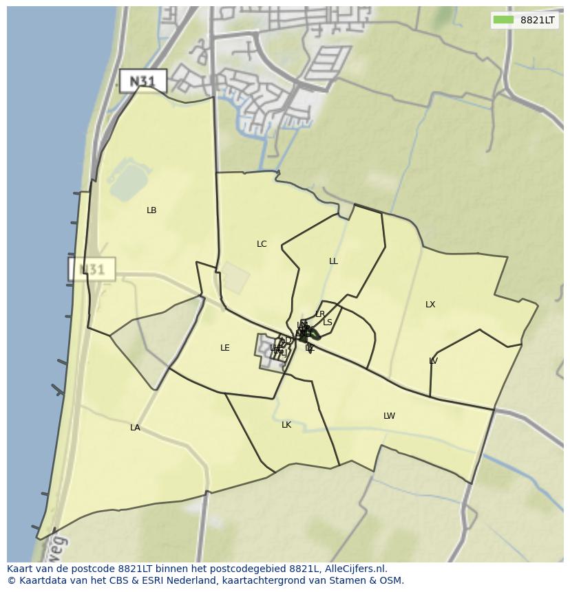 Afbeelding van het postcodegebied 8821 LT op de kaart.