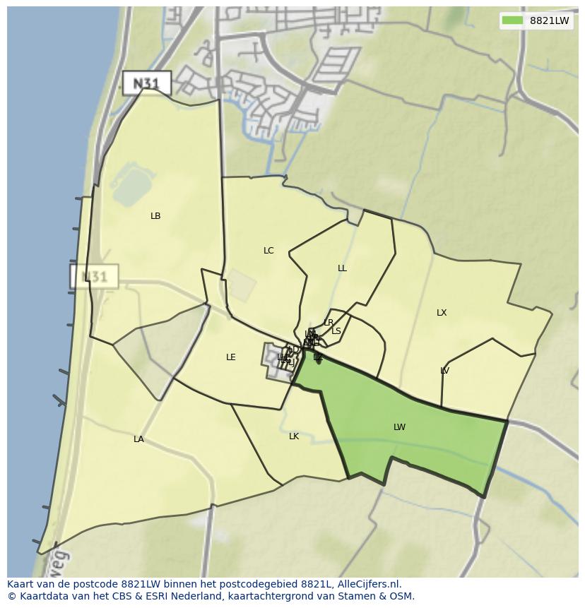 Afbeelding van het postcodegebied 8821 LW op de kaart.