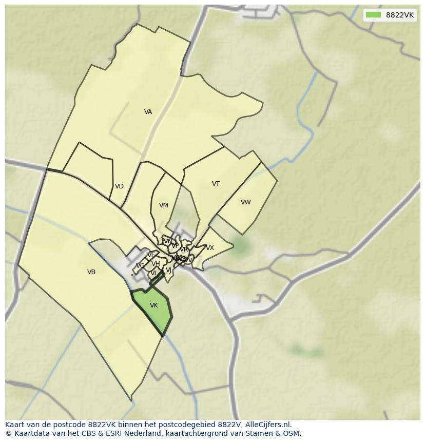 Afbeelding van het postcodegebied 8822 VK op de kaart.