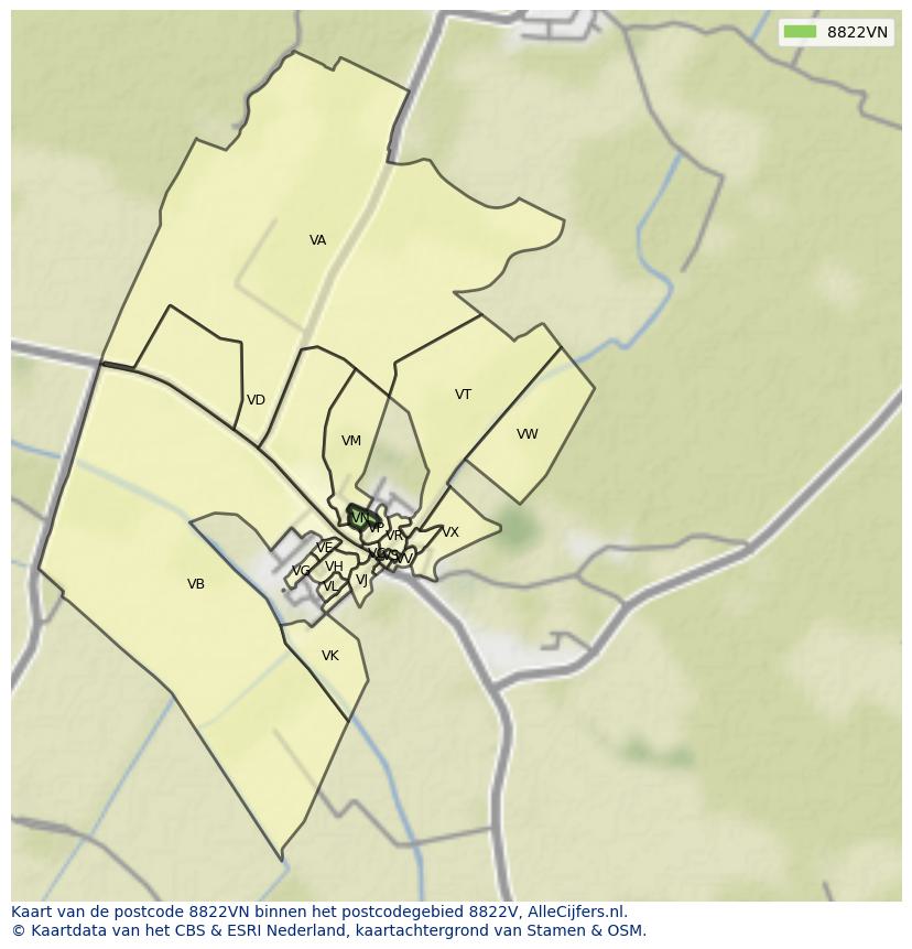Afbeelding van het postcodegebied 8822 VN op de kaart.