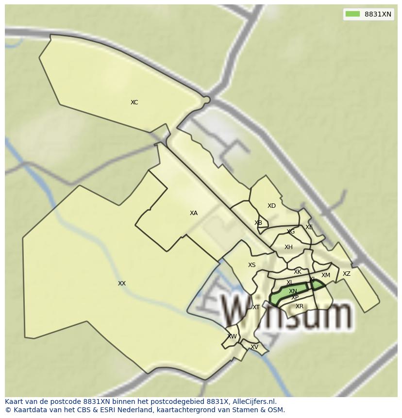 Afbeelding van het postcodegebied 8831 XN op de kaart.