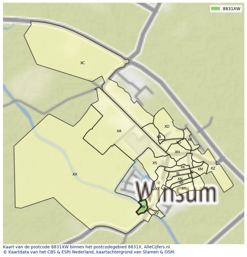 Afbeelding van het postcodegebied 8831 XW op de kaart.