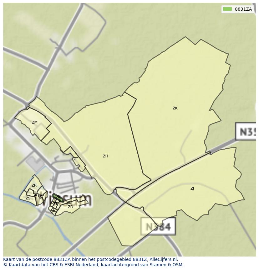Afbeelding van het postcodegebied 8831 ZA op de kaart.