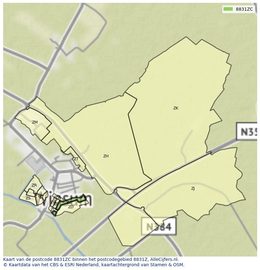 Afbeelding van het postcodegebied 8831 ZC op de kaart.