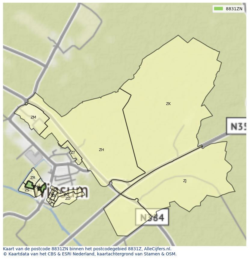 Afbeelding van het postcodegebied 8831 ZN op de kaart.