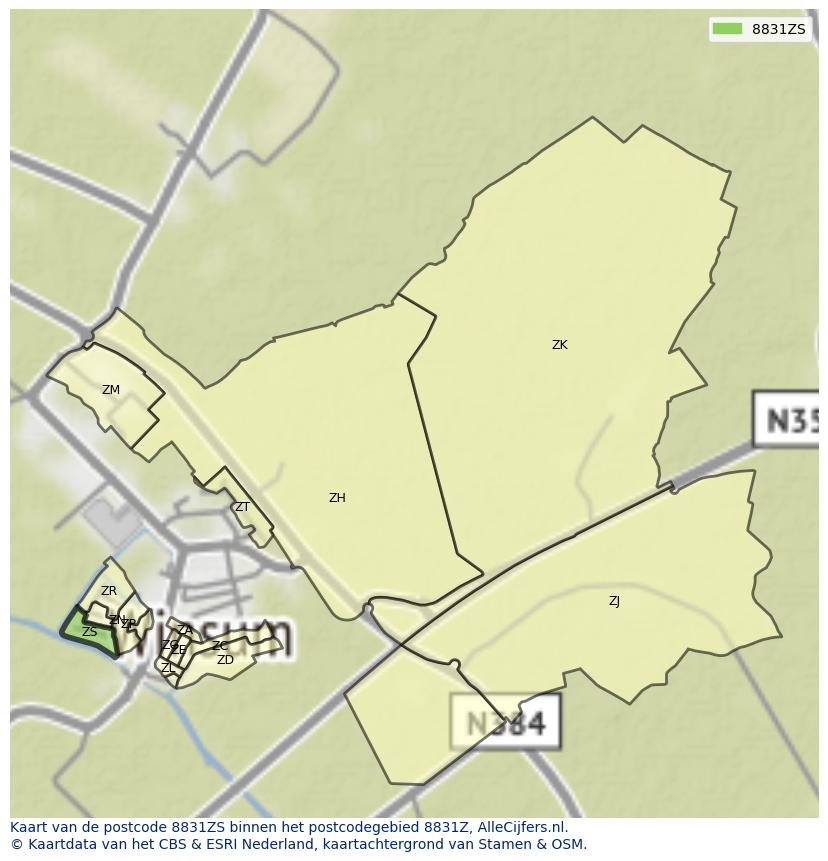 Afbeelding van het postcodegebied 8831 ZS op de kaart.