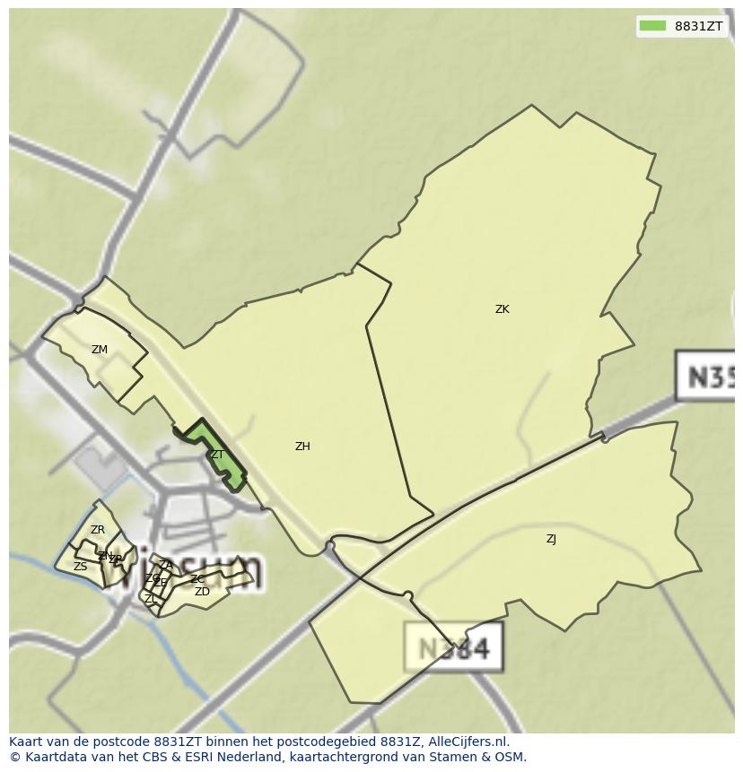 Afbeelding van het postcodegebied 8831 ZT op de kaart.
