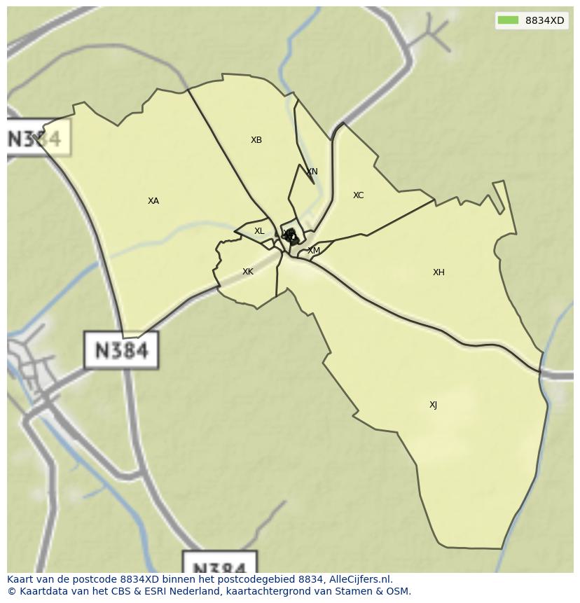 Afbeelding van het postcodegebied 8834 XD op de kaart.