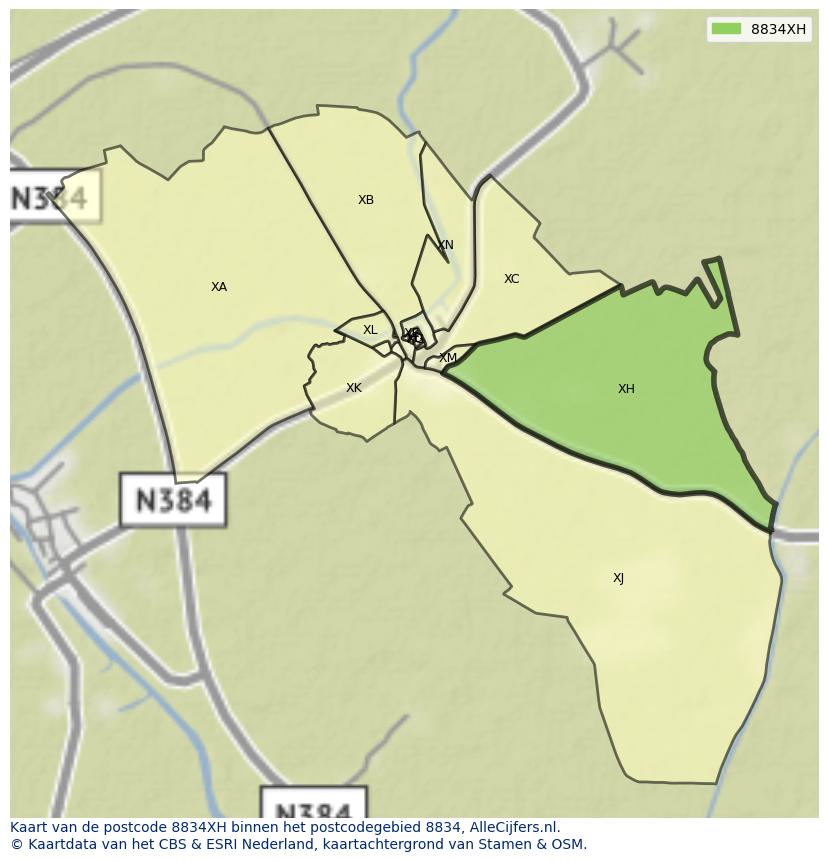 Afbeelding van het postcodegebied 8834 XH op de kaart.