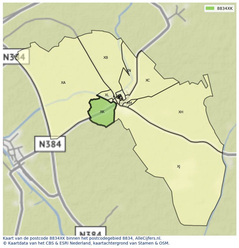 Afbeelding van het postcodegebied 8834 XK op de kaart.