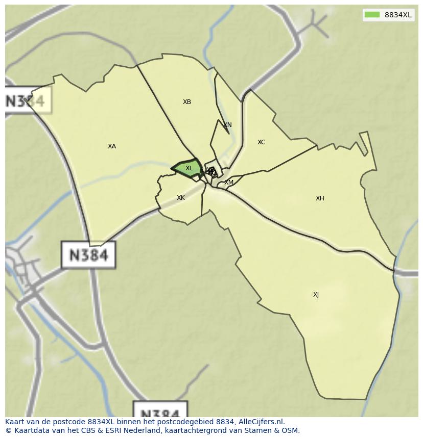 Afbeelding van het postcodegebied 8834 XL op de kaart.