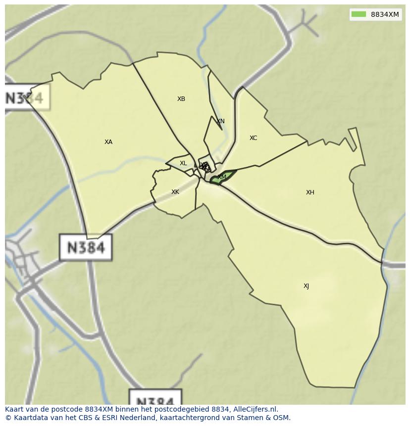 Afbeelding van het postcodegebied 8834 XM op de kaart.