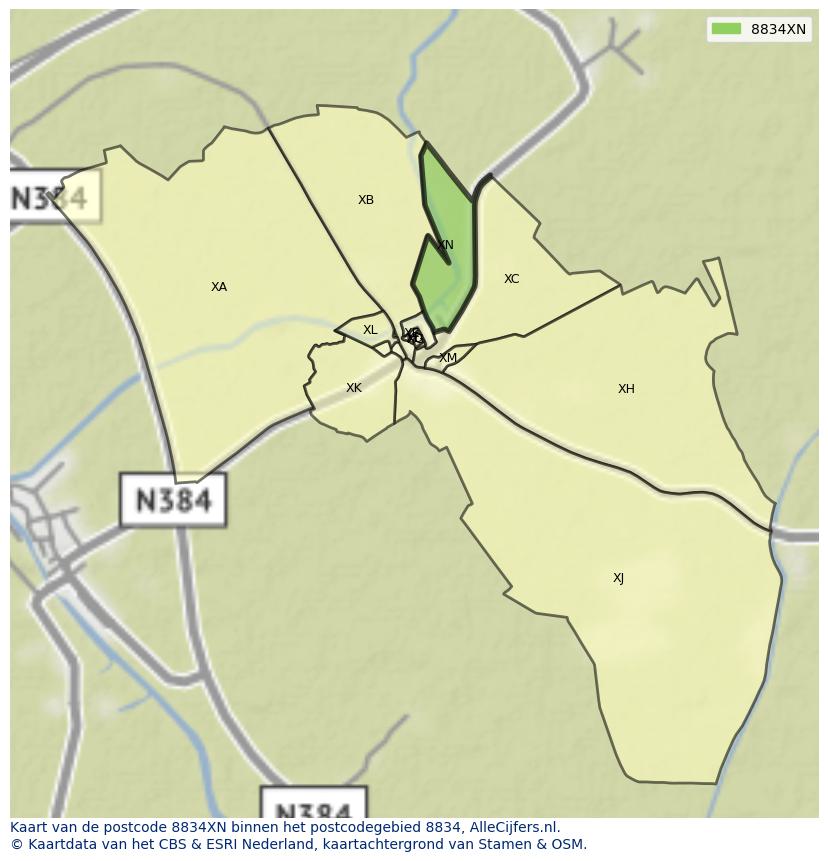 Afbeelding van het postcodegebied 8834 XN op de kaart.