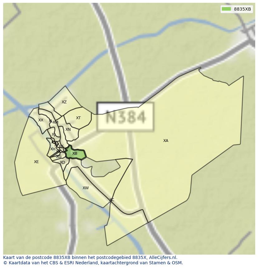 Afbeelding van het postcodegebied 8835 XB op de kaart.