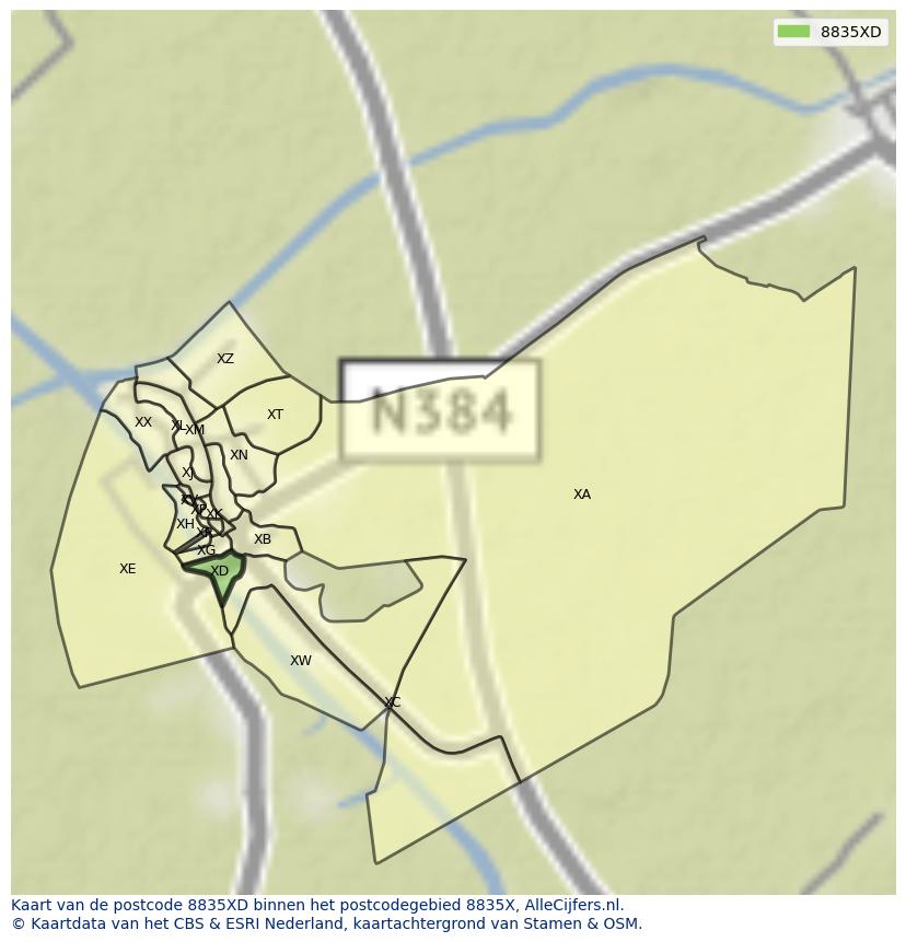 Afbeelding van het postcodegebied 8835 XD op de kaart.