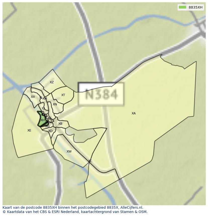 Afbeelding van het postcodegebied 8835 XH op de kaart.