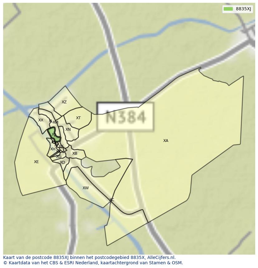 Afbeelding van het postcodegebied 8835 XJ op de kaart.