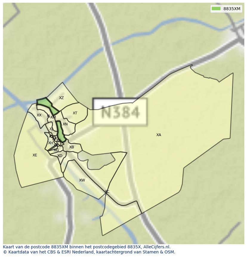 Afbeelding van het postcodegebied 8835 XM op de kaart.