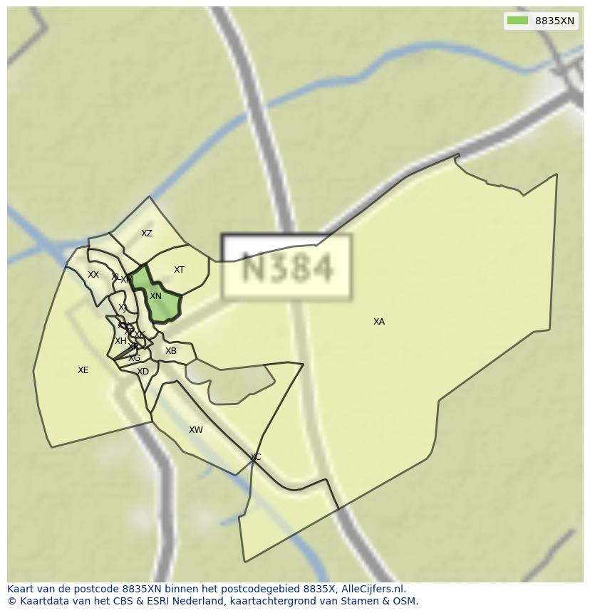 Afbeelding van het postcodegebied 8835 XN op de kaart.