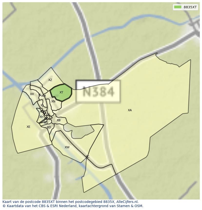 Afbeelding van het postcodegebied 8835 XT op de kaart.