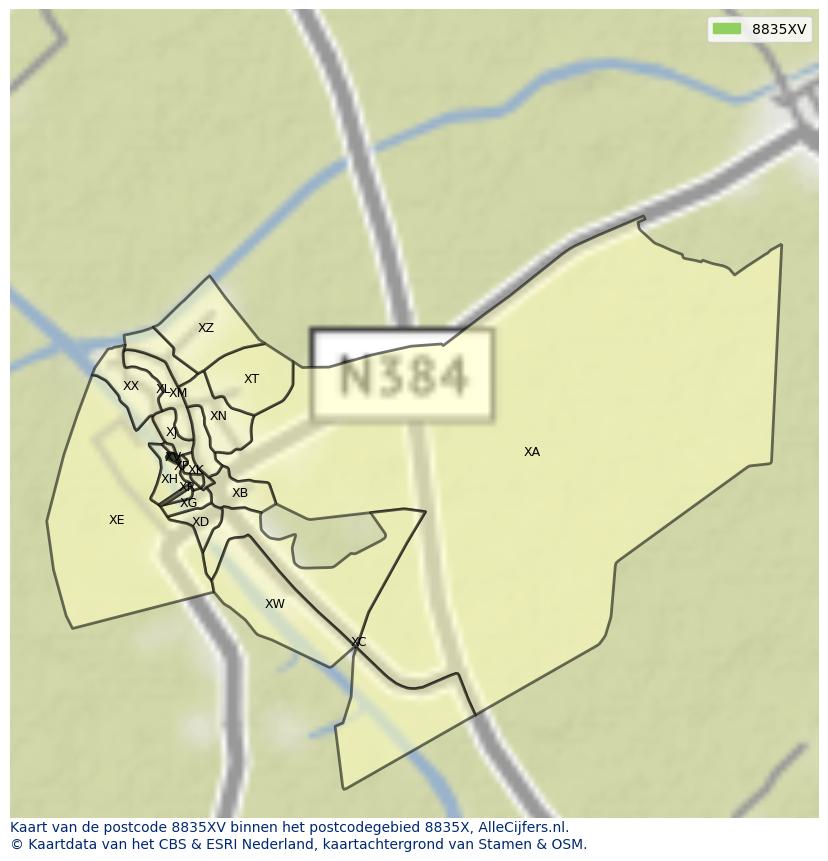 Afbeelding van het postcodegebied 8835 XV op de kaart.