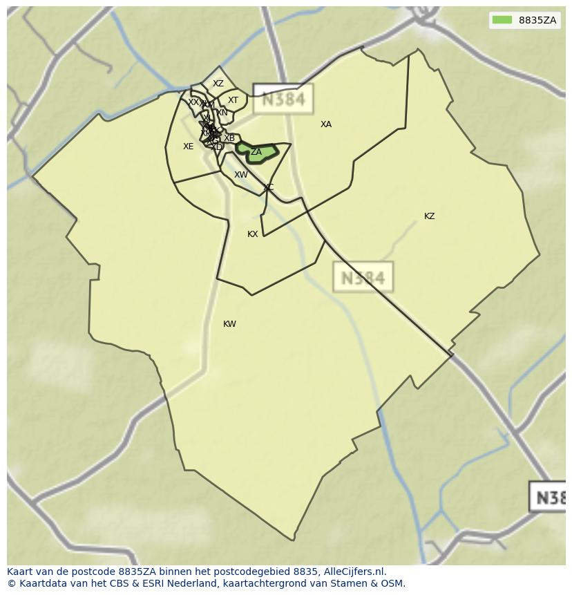 Afbeelding van het postcodegebied 8835 ZA op de kaart.