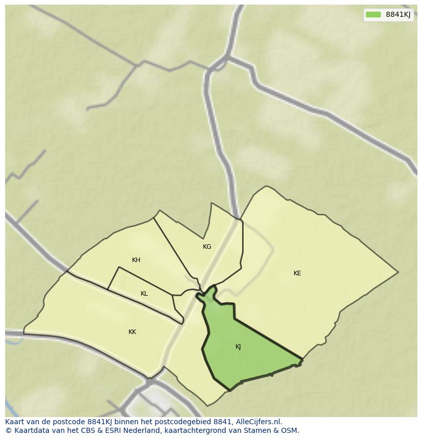 Afbeelding van het postcodegebied 8841 KJ op de kaart.