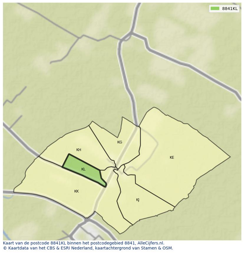 Afbeelding van het postcodegebied 8841 KL op de kaart.